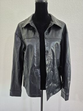 SHEIN Black Faux Leather Button-Up Jacket